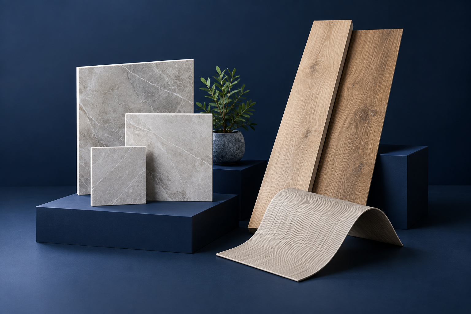 AI illustration of tile, wood-look flooring and flexible facing samples