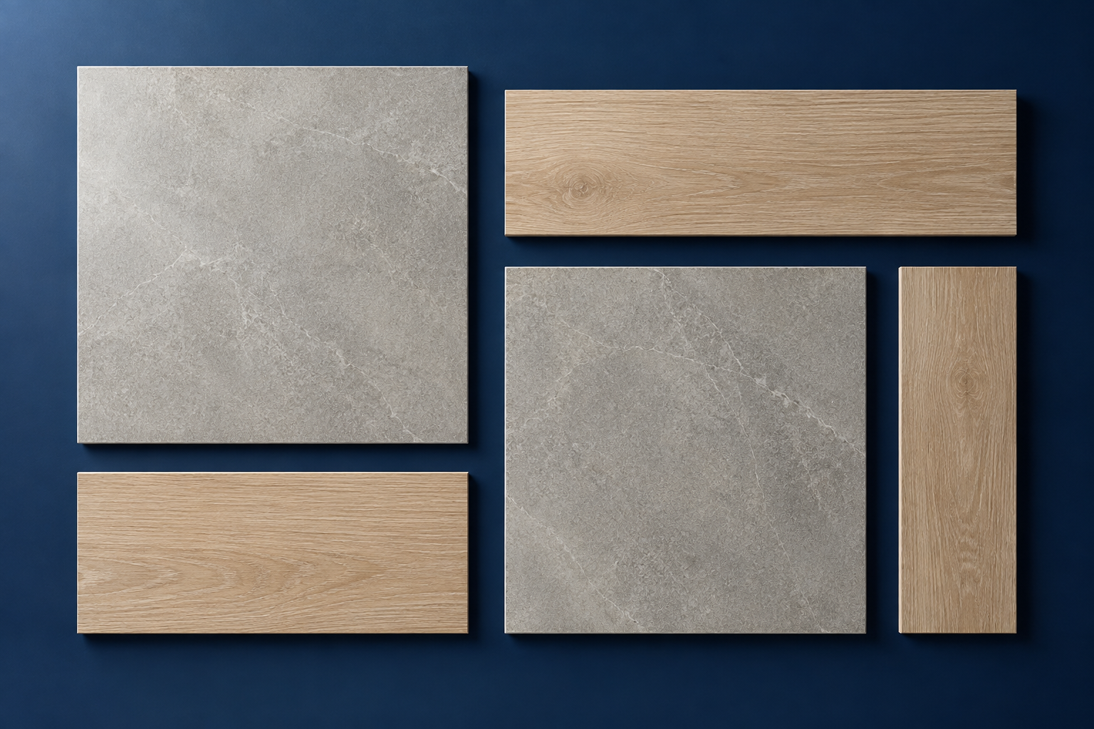 AI illustration of floor tile and light oak-look flooring samples arranged from above