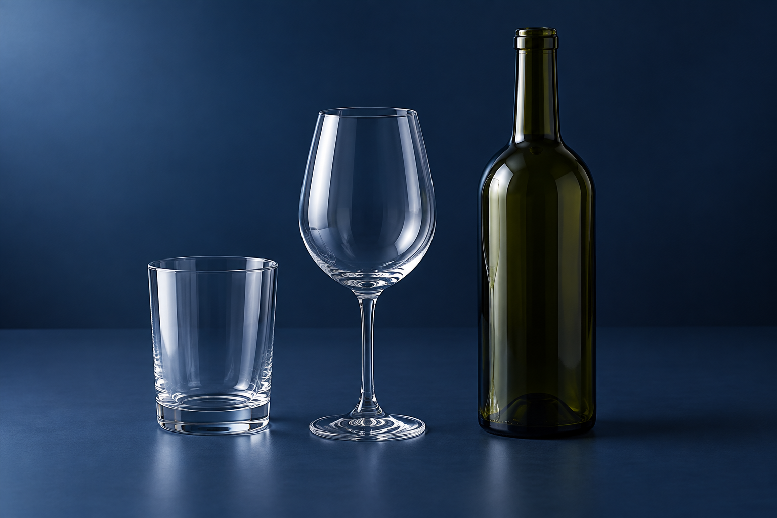 AI illustration of a drinking glass, a stemmed glass and an unbranded dark glass bottle