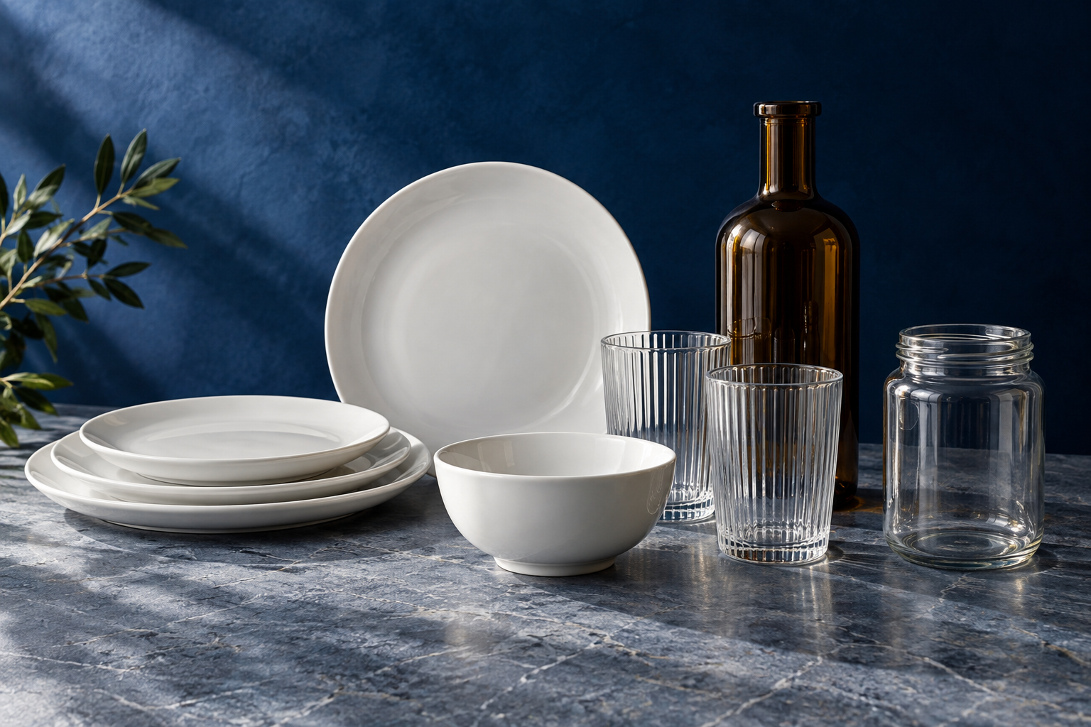 AI illustration of glass bottles, drinking glasses and porcelain tableware