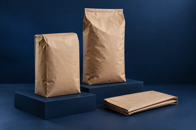 Ilustración conceptual generada con IA: Sacos industriales de papel kraft