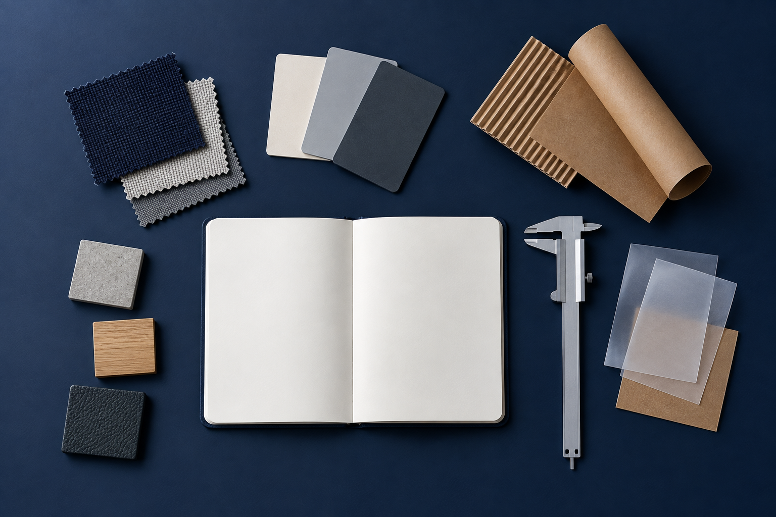 AI illustration of an orderly sourcing workbench with material samples, a blank notebook and a measuring tool